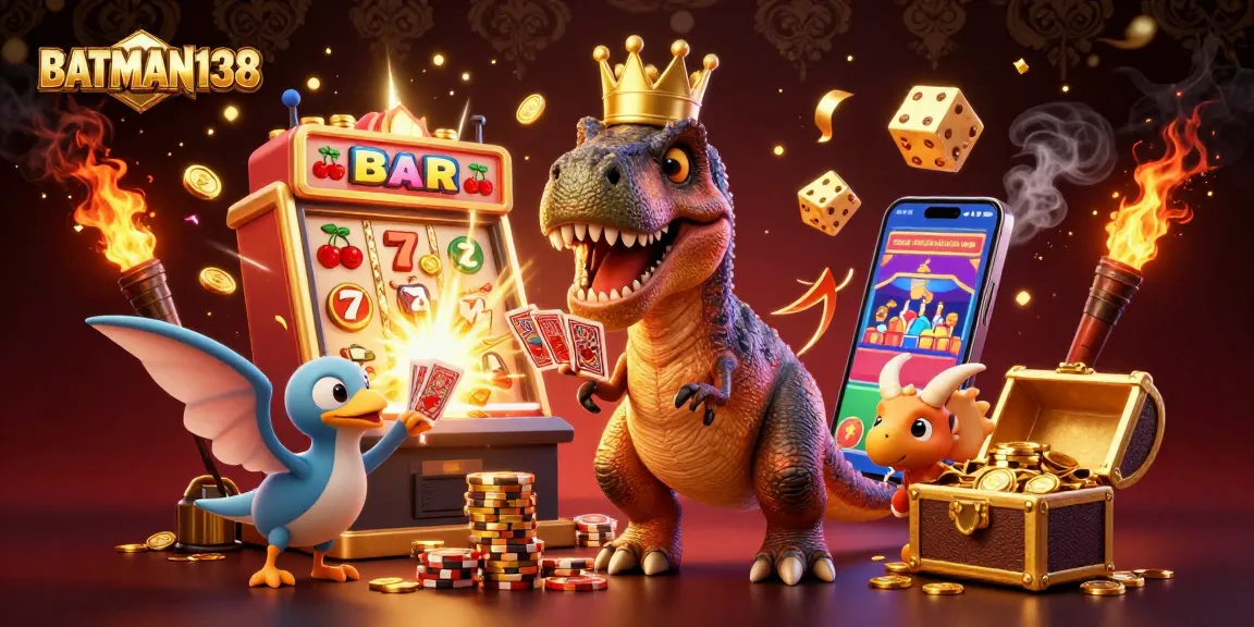 Join the excitement at BATMAN138 with a T-Rex shuffling cards, a pterodactyl holding them, and a triceratops stacking chips.