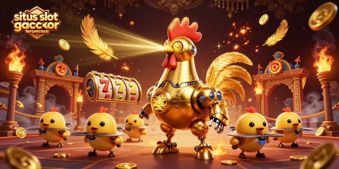 Experience the thrill with situs slot gacor terpercaya; witness a golden rooster robot in a vibrant casino scene.