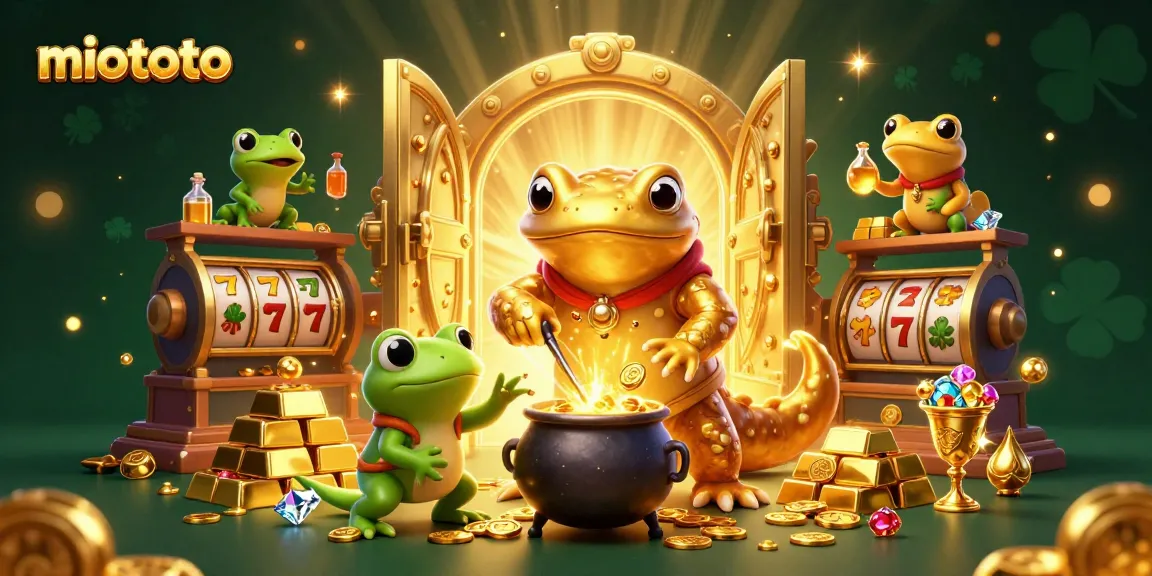 Experience excitement with miototo's enchanting slot games and golden treasures in a fantasy casino scene.