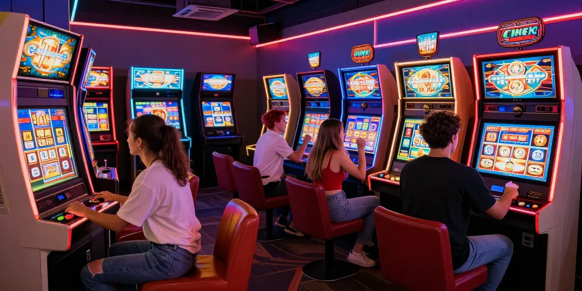 Pengunjung bersenang-senang di mesin slot, merayakan kemenangan slot di arcade.