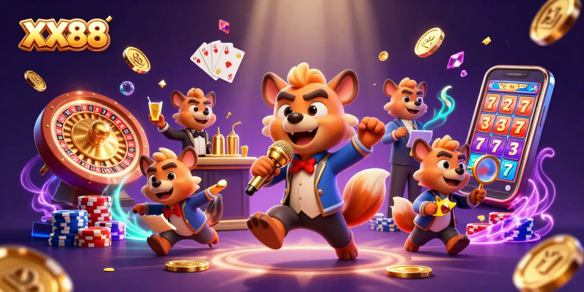 Experience the excitement of XX88 in this vibrant casino scene with hyenas engaging in fun-filled activities.