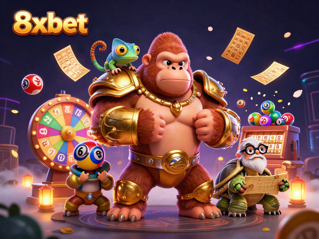 Experience the excitement of 8xbet with colorful lottery elements in a vibrant 3D illustration.