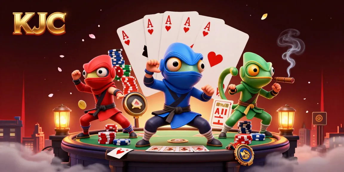 KJC's adventurous ninja chameleon team engaging in synchronized poses above a vibrant poker table.