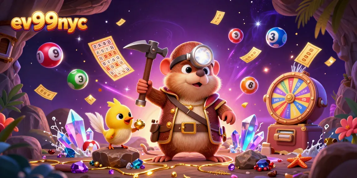 Join the excitement of ev99nyc with the treasure hunter mole discovering lottery winnings in a vibrant casino scene.
