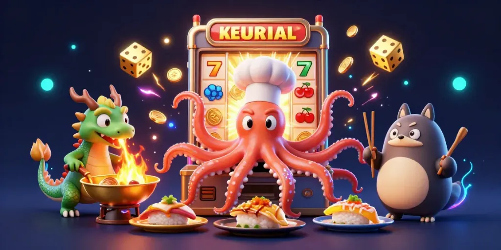 Experience the excitement of laskartogel with a vibrant scene of a sushi chef octopus and a dragon in a dynamic casino environment.