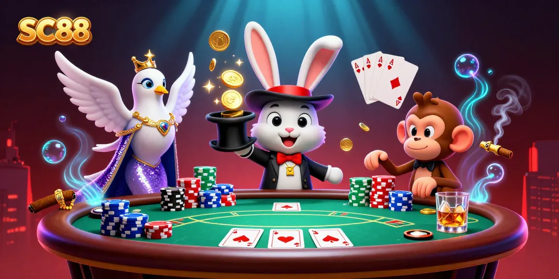 Experience the thrill of SC88 as a magician rabbit conjures coins, surrounded by poker excitement.