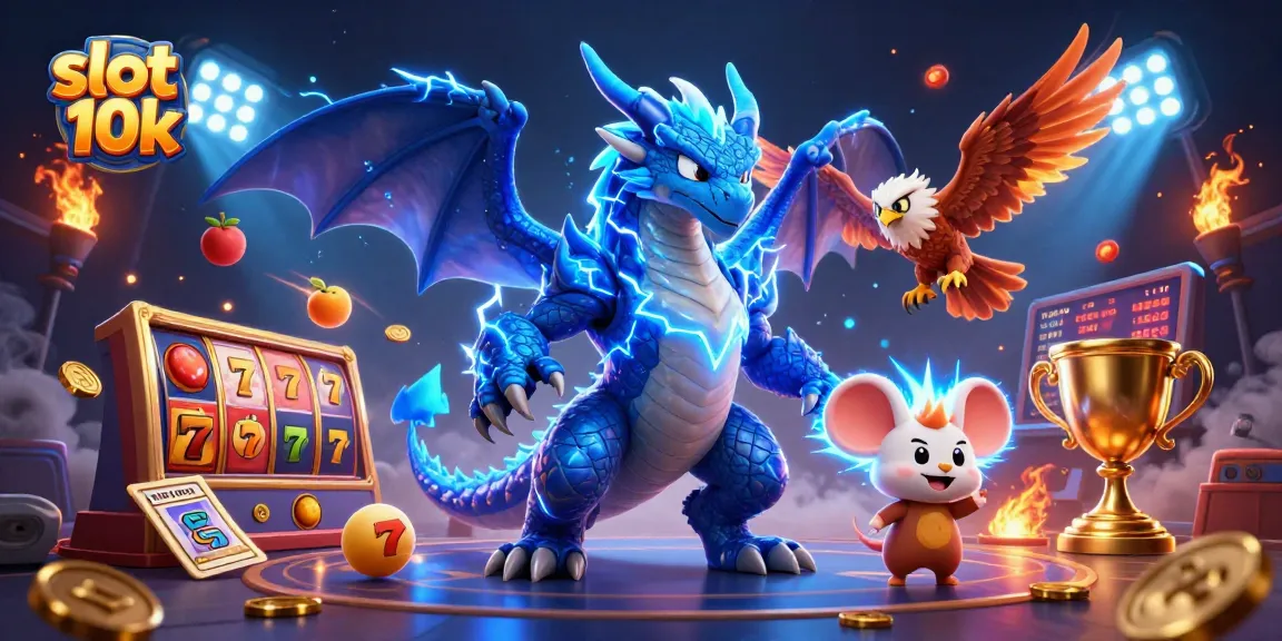 Spin to win with the thrilling slot 10k, featuring vibrant symbols and animated characters!