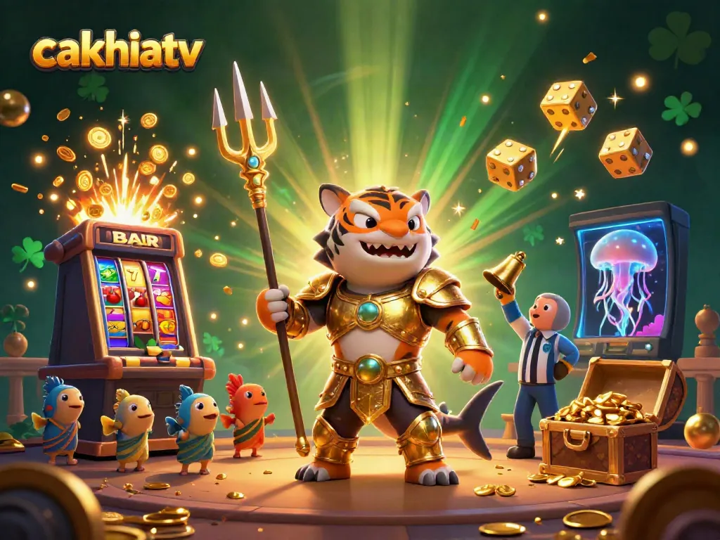 Experience thrilling action with cakhiatv as a golden tiger shark in gladiator armor dominates an underwater colosseum.