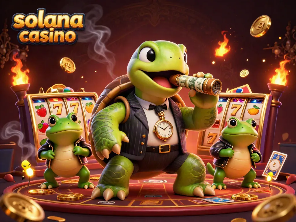 Engage with the thrilling world of solana casino featuring a lively scene with a snapping turtle mobster and vibrant gaming elements.