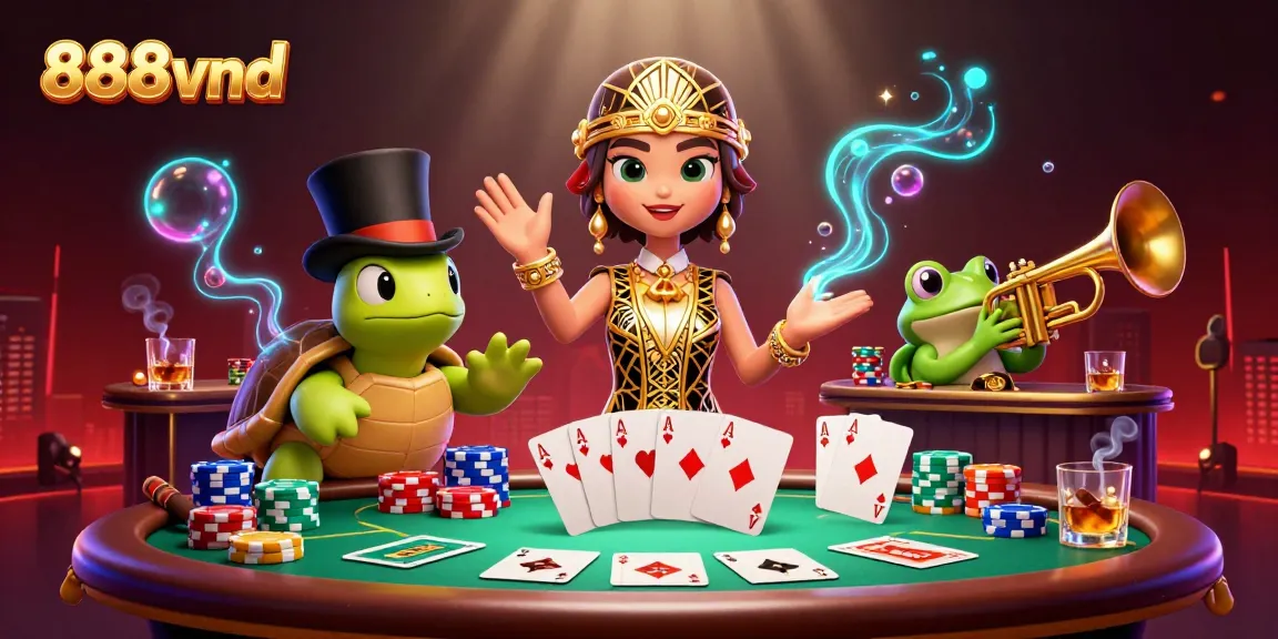 Experience the vibrant 888vnd casino scene with cartoon characters animated in a lively poker atmosphere.