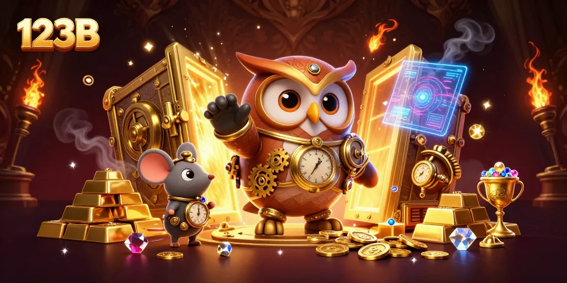 Experience thrilling wins at 123B with a vibrant 3D casino adventure scene featuring time-traveling characters.