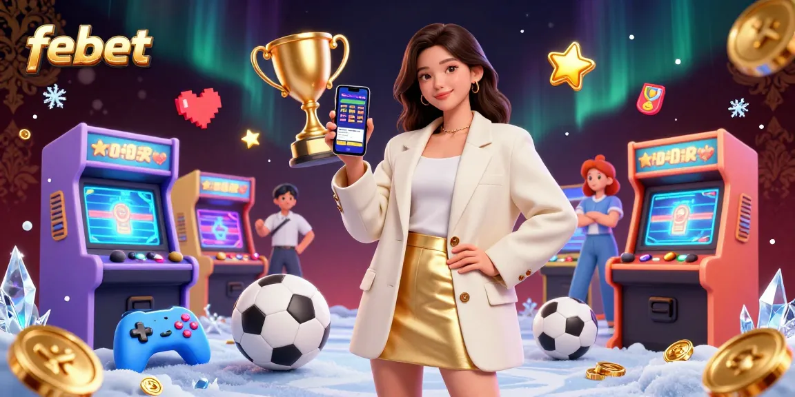 Engage with the febet sports betting app showcased by a fashionable Asian woman in a vibrant casino environment.