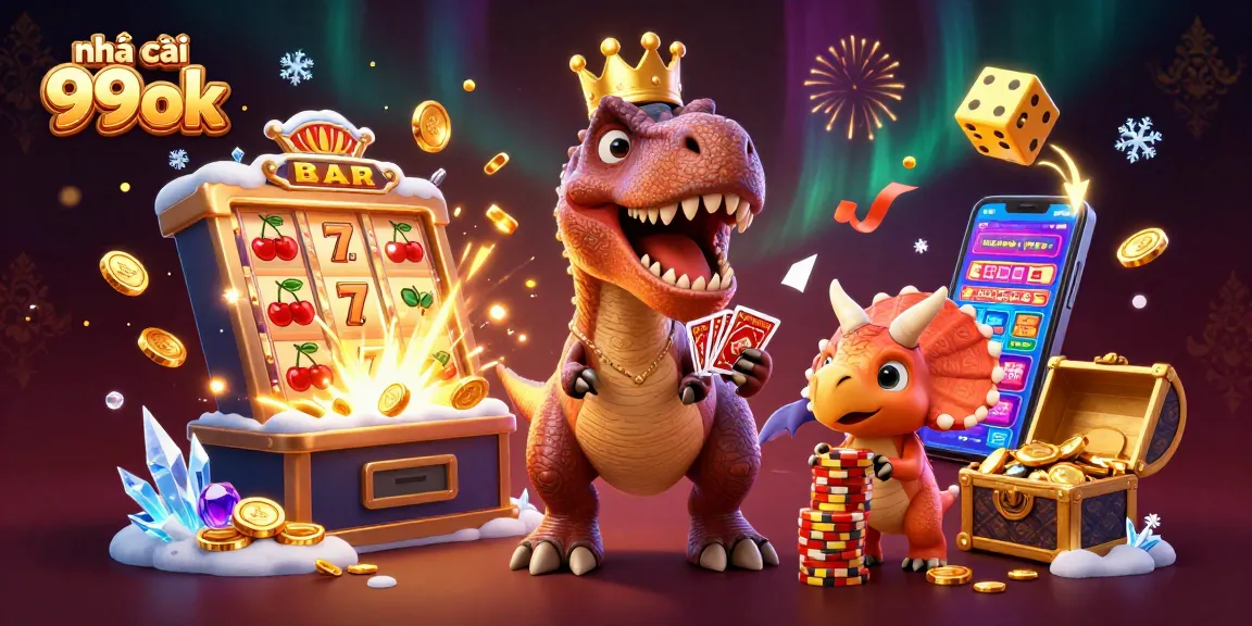 Catch exciting casino action with nhà cái 99ok as friendly dinosaurs shuffle cards amidst jackpot bursts and golden coins.