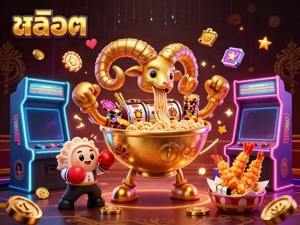 ความตื่นเต้นในสล็อตที่นำเสนอโดยตัวละคร 3 มิติ รวมถึงสัญลักษณ์สล็อตและชิปที่บินออกมา