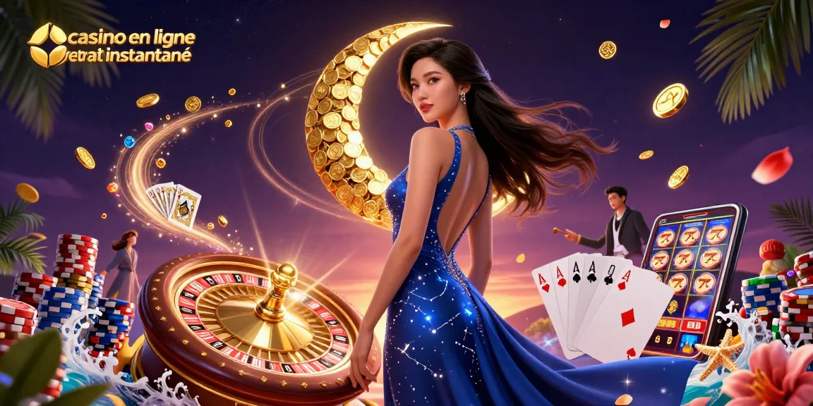 Des pièces en cascade et des cartes illuminées dans une scène vibrante, mettant en avant le casino en ligne retrait instantané.