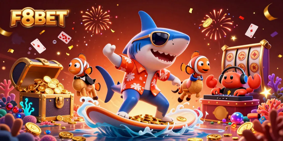 F8BET showcases thrilling casino elements with vibrant gold waves and lively characters in a stunning 3D scene.