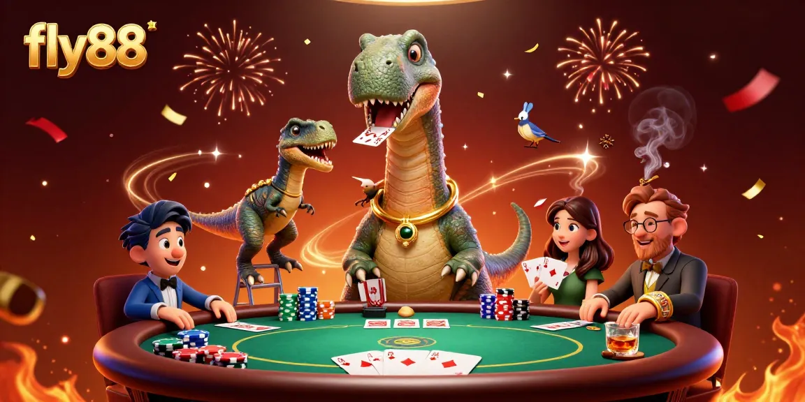 Experience thrilling poker excitement with fly88's vibrant casino scene featuring dynamic characters.