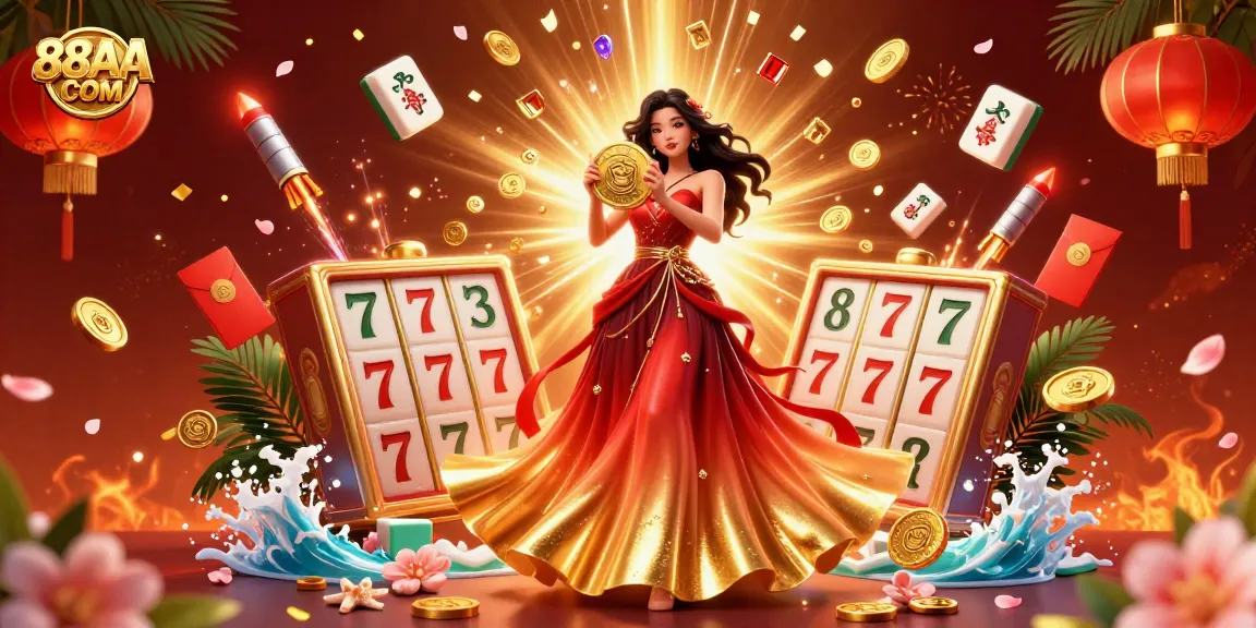 Experience the thrilling action of 88AA COM casino games with a stunning visual of a glamorous Asian woman holding a golden coin amidst slot reels.