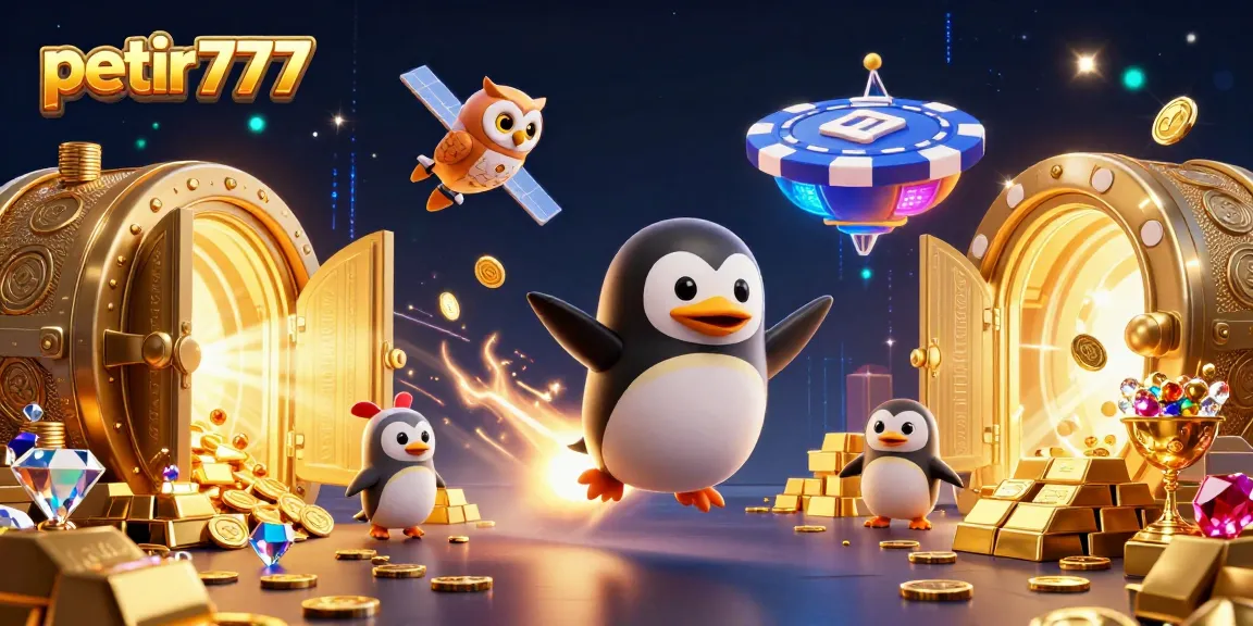 Experience the thrill of petir777 as golden coins and treasures burst from an animated casino cosmic adventure.