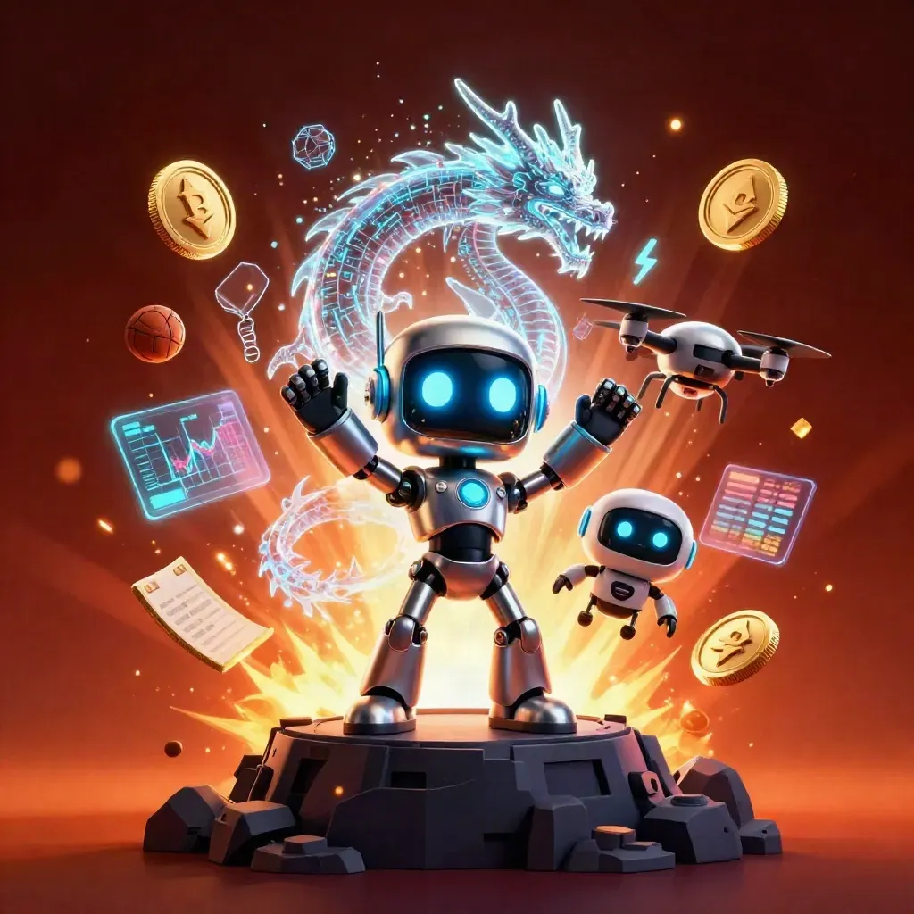 Cyberpunk robot, digital dragon and coin drone amid neon lime casino energy and sports betting icons.