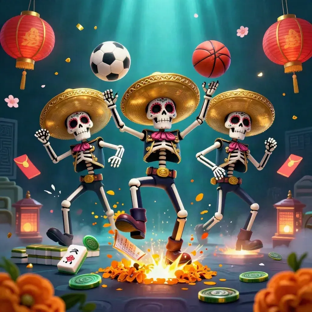 Skeleton mariachi trio amid flying sports balls, lanterns, petals, coins, and neon casino glow.