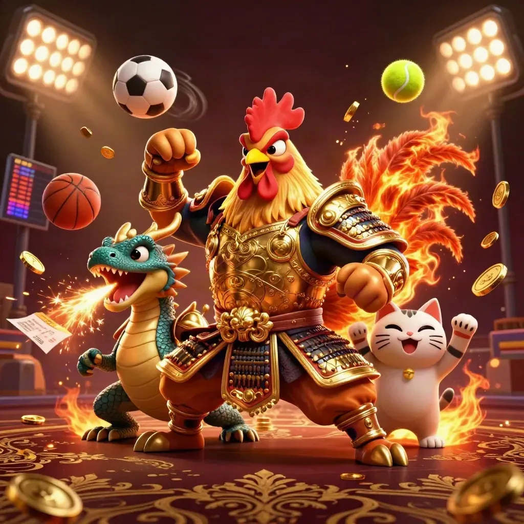 Rooster warrior, dragon hatchling, and fortune-cat amid flying sports balls, coins, and gold casino glow.