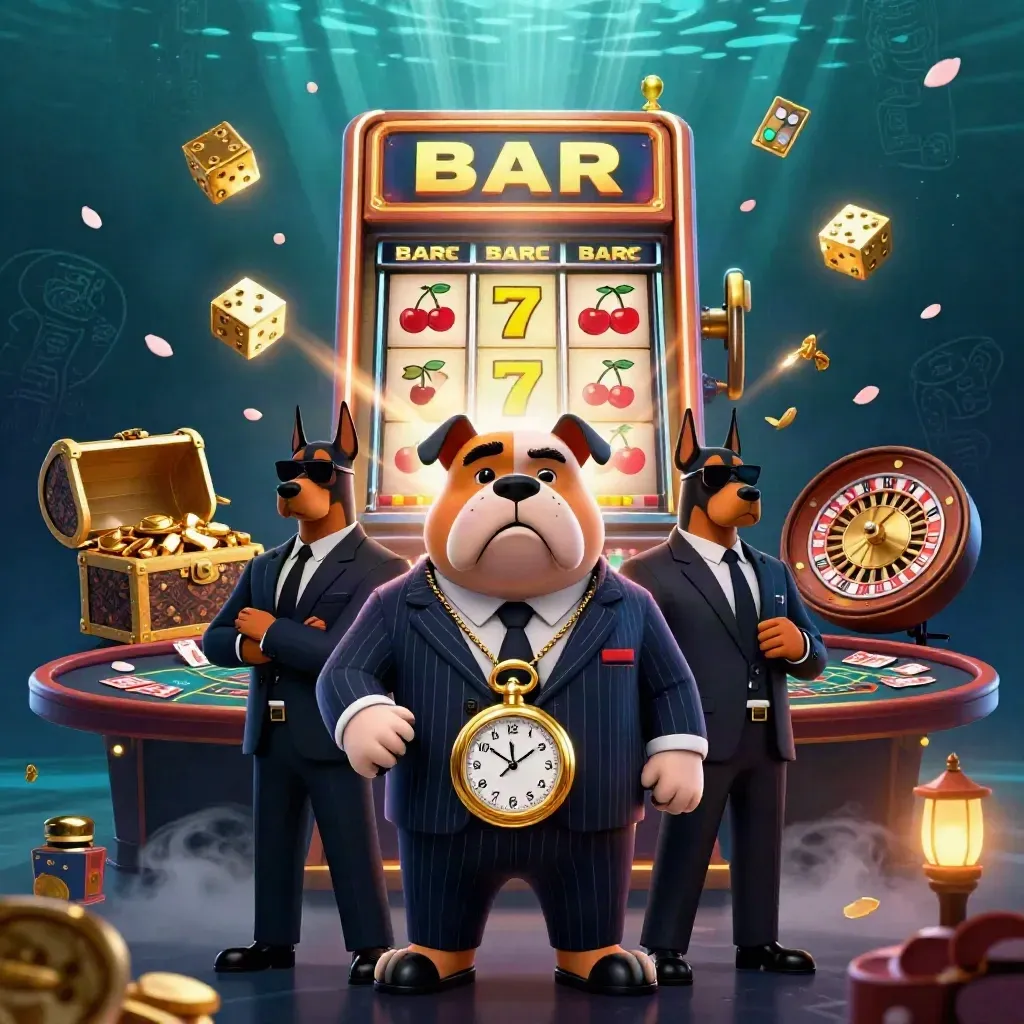 Bulldog boss with two Dobermans amid jackpot slot machine, gold, dice, and dark teal glow