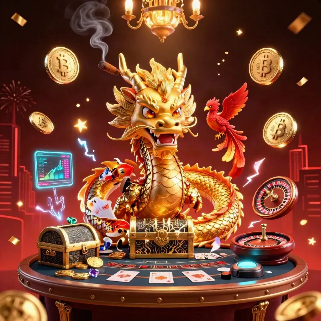 Golden dragon with phoenix over treasure chest, crypto coins, roulette, confetti, and red neon casino glow.
