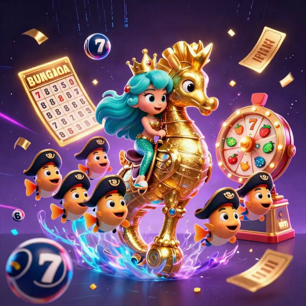 Mermaid princess and armored seahorse amid casino magic, reels, tickets, and neon bolts.
