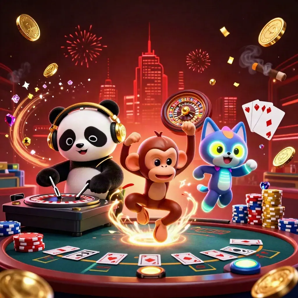 Panda DJ, dancing monkey and glow-stick kitten in a luxe casino room with coins, gems and roulette glow.