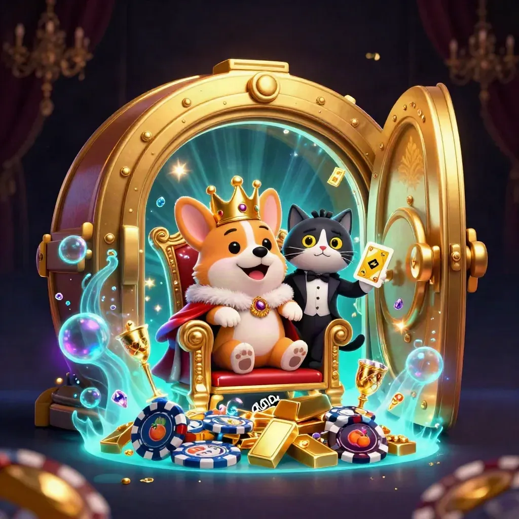 Royal corgi and cat butler burst from a golden vault amid gems, chips, and neon casino glow.