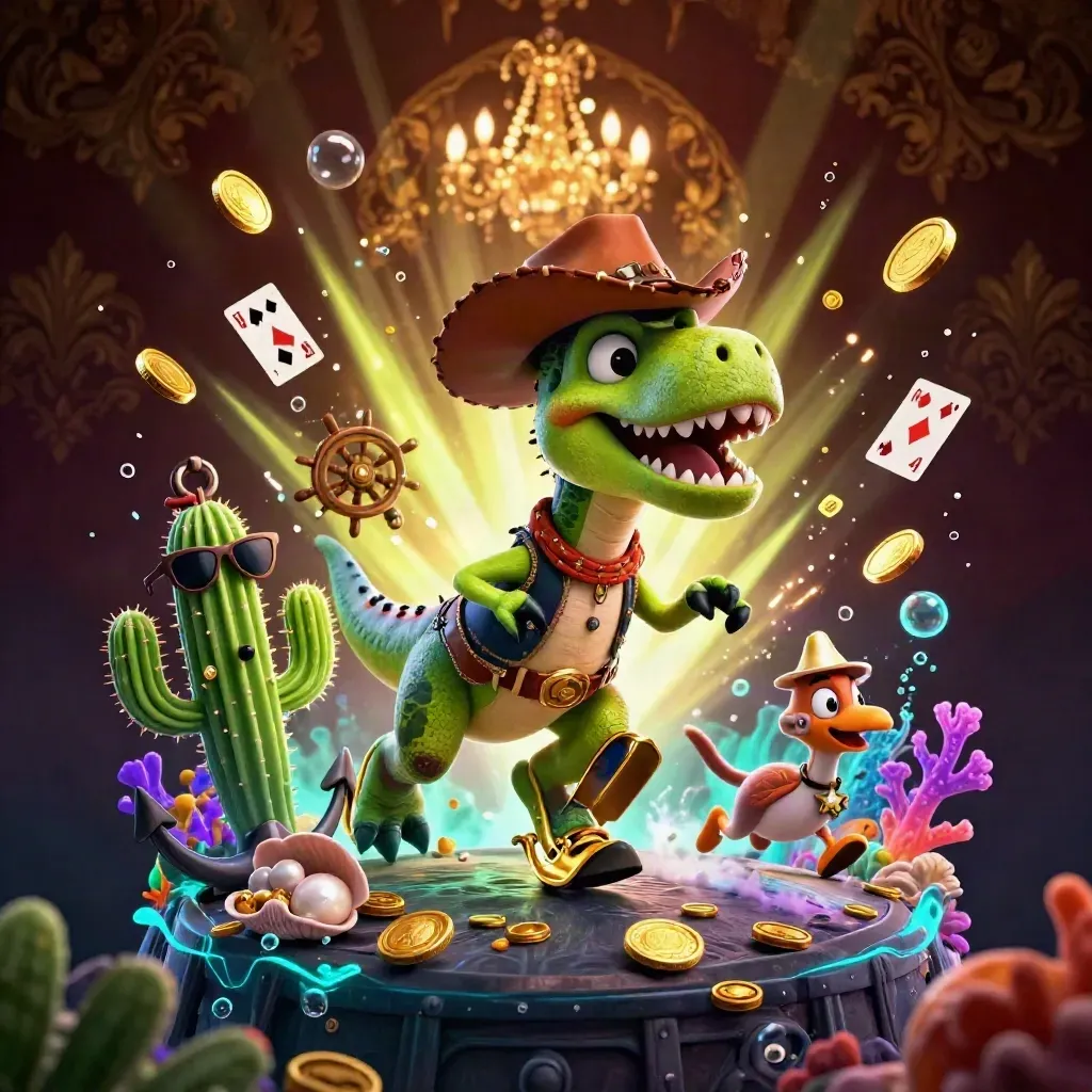 Cowboy T-Rex, cactus sidekick, and sheriff roadrunner in a neon treasure cove explosion.