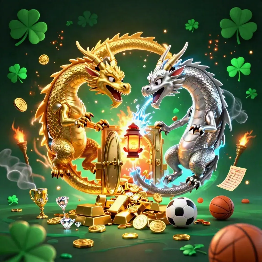 Two intertwined dragons burst from a vault amid gold, gems, sports props, and casino light.