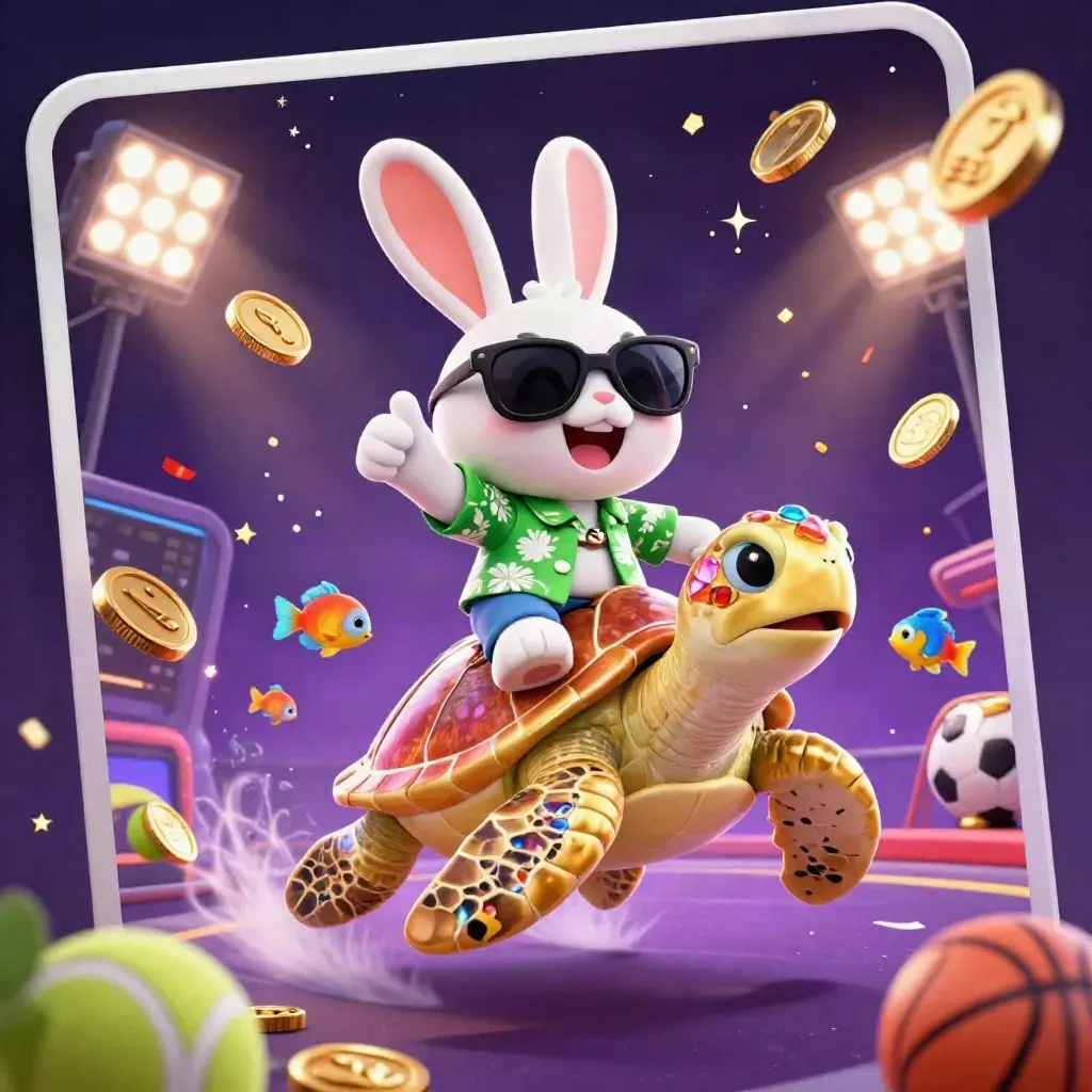Lucky rabbit on a golden turtle amid coins, sports balls, trophy, and fireworks.