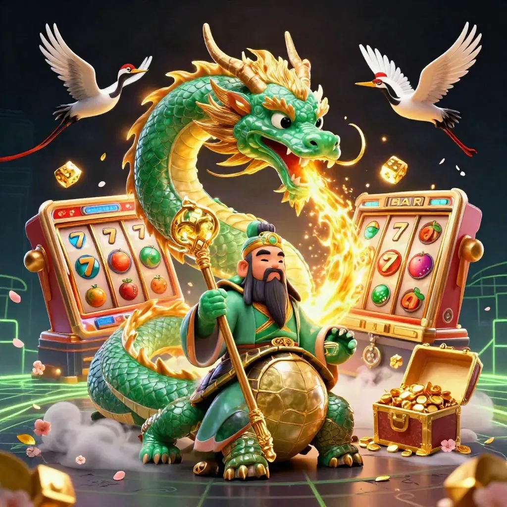 Dragon, turtle sage, and cranes amid slot symbols, gold, neon glow, and dark casino energy.