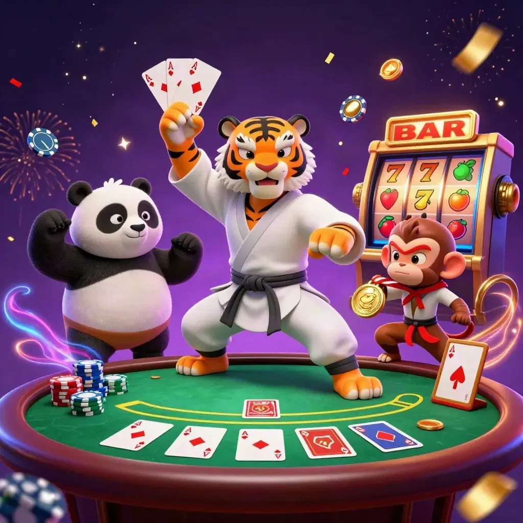 Tiger, panda, and monkey casino heroes amid chips, cards, reels, and neon magic.