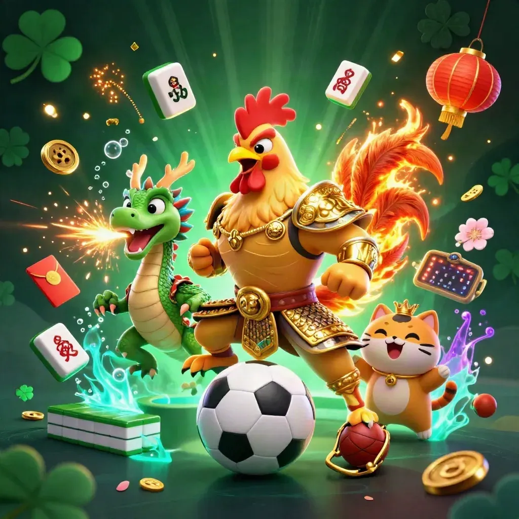 Rooster samurai, dragon hatchling, and fortune-cat amid casino talismans and neon sparks.