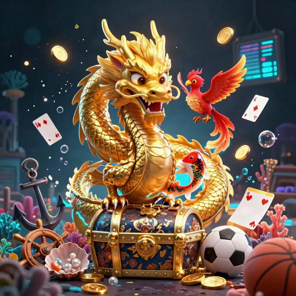Golden dragon, red phoenix, and koi amid treasure, coins, coral, cards, and neon casino glow.