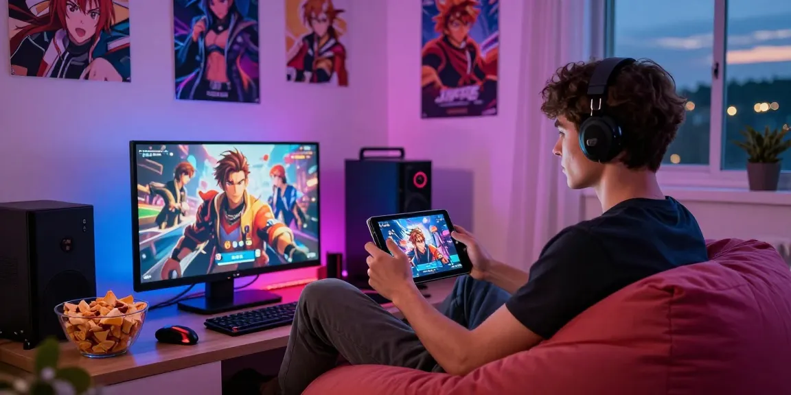Engaging young adult playing an android hentai game on a tablet, cozy gaming setup with snacks and colorful lighting.