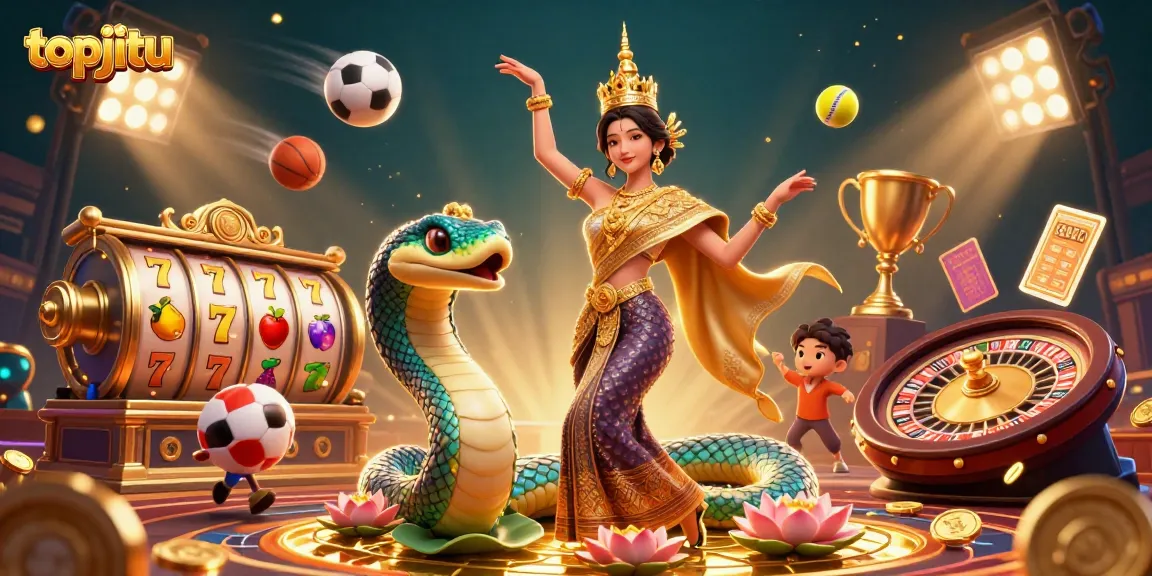 Engage in thrilling games at topjitu featuring a vibrant 3D casino scene with dynamic elements.