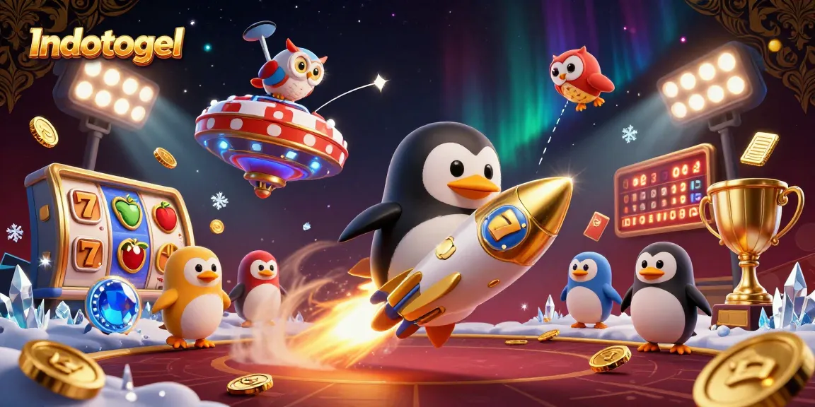 Watch Indotogel's golden penguin delivering winnings amidst an exciting casino scene.