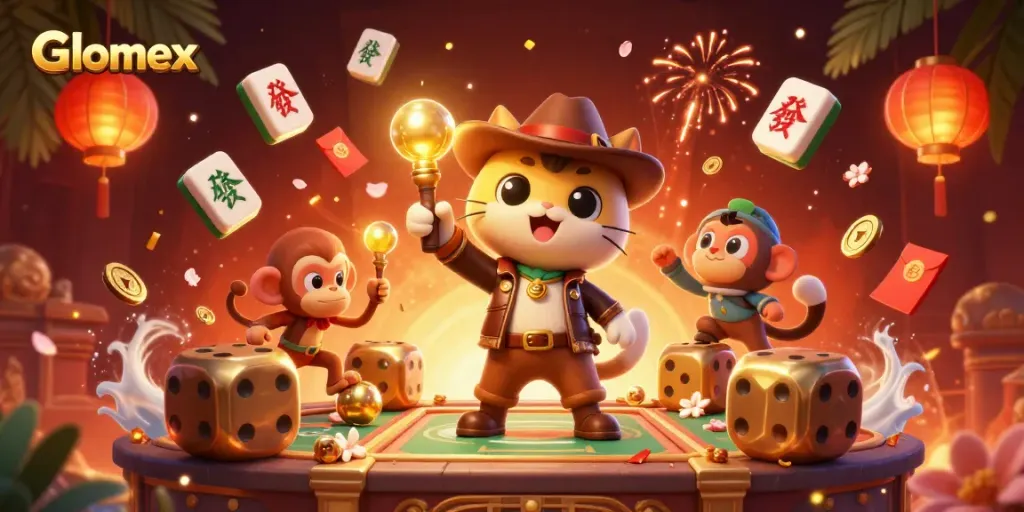 Engage with Glomex's adventurous casino-themed illustration showcasing a treasure-hunting cat and monkey.