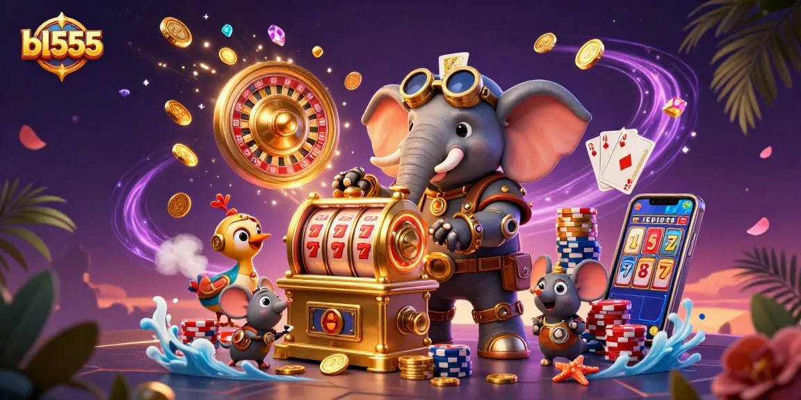 Experience winning spins at bl555 with a steampunk elephant operating a golden slot machine.