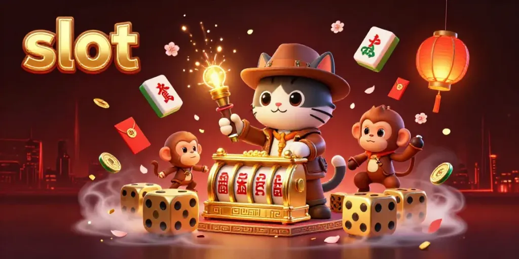 Discover epic slot adventures with a cartoon explorer cat and artifacts in this vibrant 3D scene.