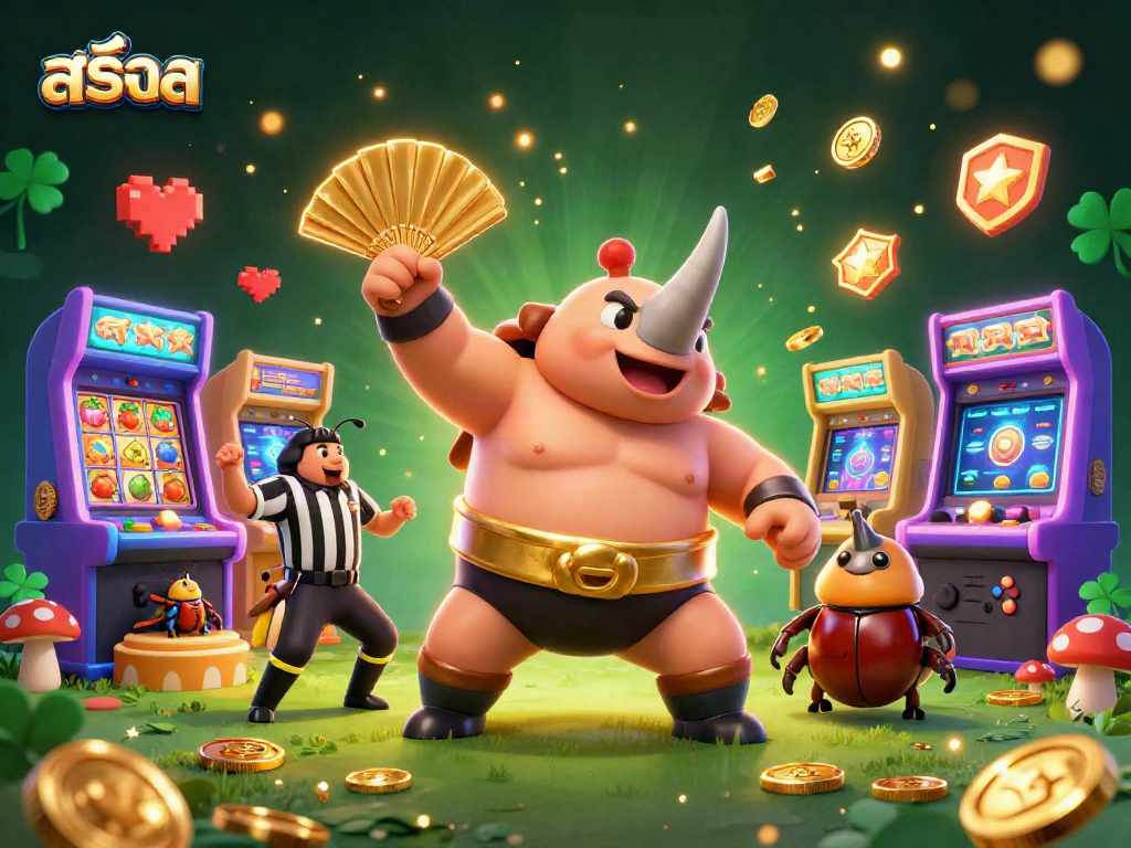 Experience the thrill of สล็อต action with a vibrant scene of a sumo beetle champion surrounded by colorful slot elements.