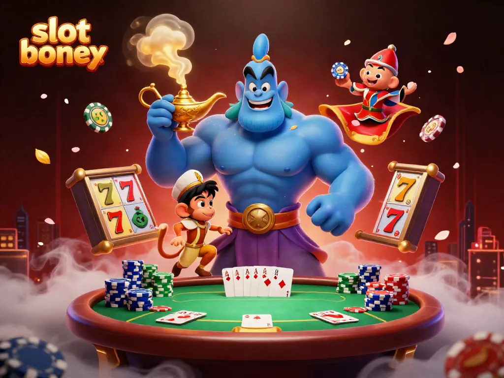 Experience the excitement of slot bonus games with a powerful genie, monkey, and flying carpet in this vibrant 3D scene.