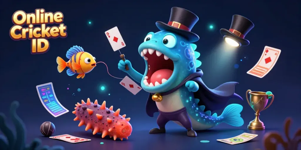 Join the excitement of Online Cricket ID with fun illustrated characters performing magic tricks while surrounded by cricket-themed elements.