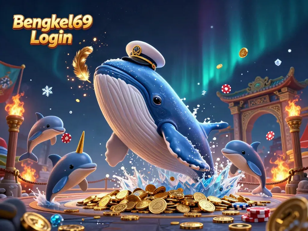Experience the exciting world of gambling with Bengkel69 Login featuring playful dolphins and a majestic whale in a sea of coins.