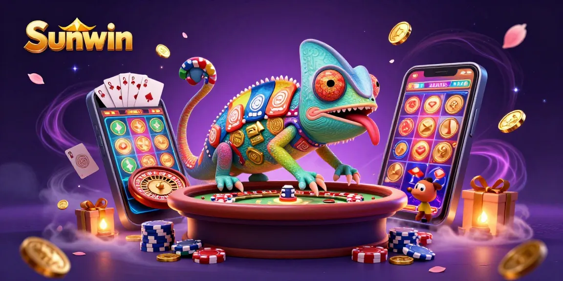 Sunwin’s animated chameleon owner plays with golden coins, capturing the excitement of online gambling in a vibrant casino scene.