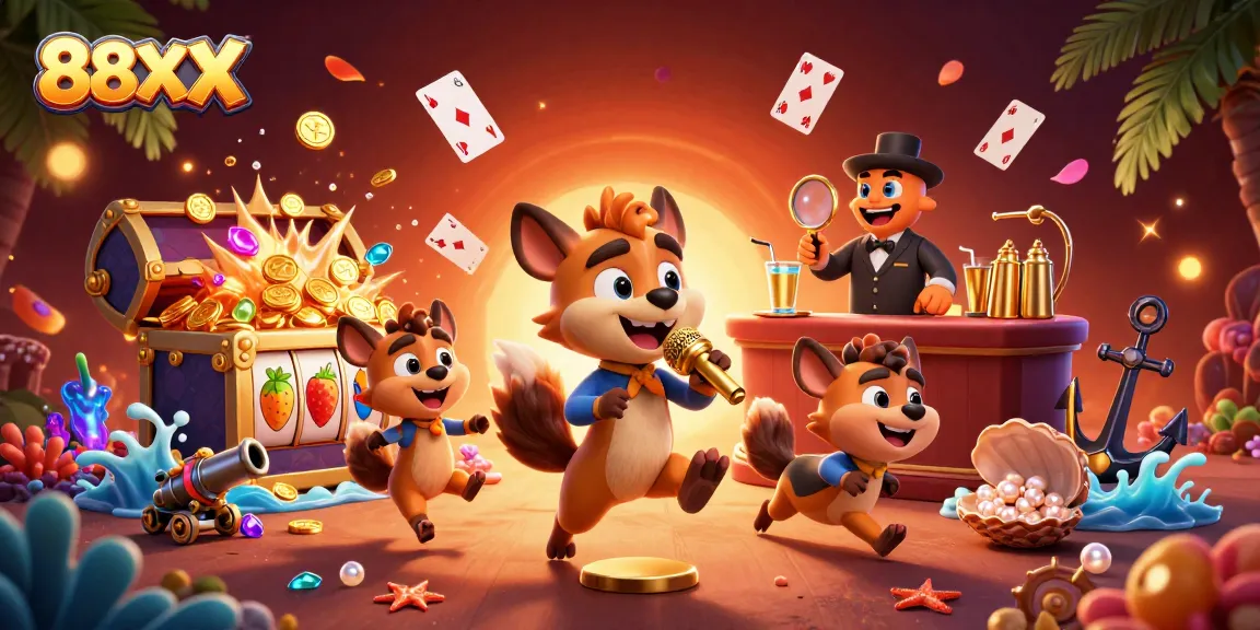 Experience the vibrant and playful casino atmosphere at 88XX with cartoon hyenas entertaining guests.